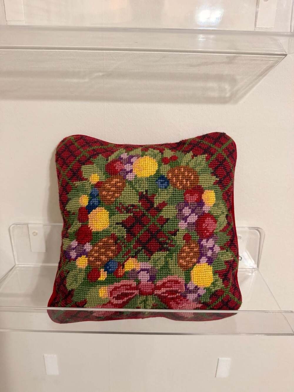 Vintage Wool Needlepoint‎  Wreath Floral Throw Pillow with Red Velvet Backing